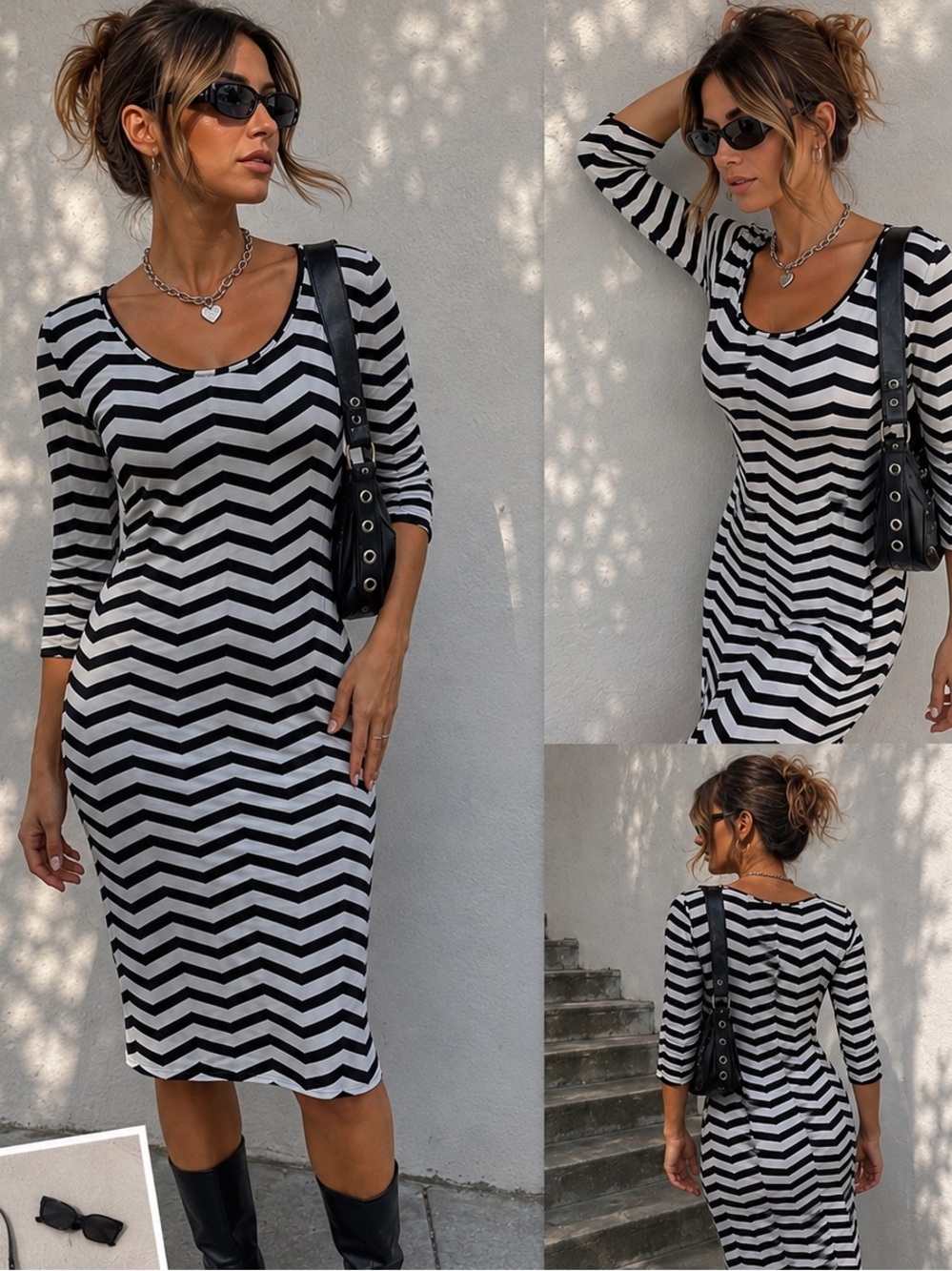 Vintage Hot Kiss Y2K Chevron Stripe Midi Dress Long Sleeve Black White Size L